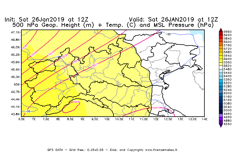 Mappa di analisi GFS - Geopotenziale [m] + Temp. [°C] a 500 hPa + Press. a livello del mare [hPa] in Nord-Italia
							del 26/01/2019 12 <!--googleoff: index-->UTC<!--googleon: index-->