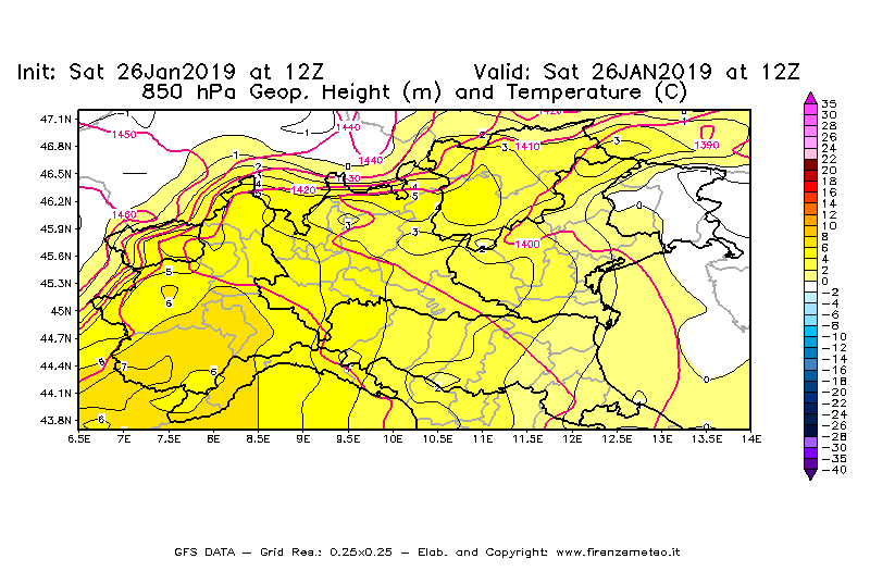 Mappa di analisi GFS - Geopotenziale [m] e Temperatura [°C] a 850 hPa in Nord-Italia
									del 26/01/2019 12 <!--googleoff: index-->UTC<!--googleon: index-->