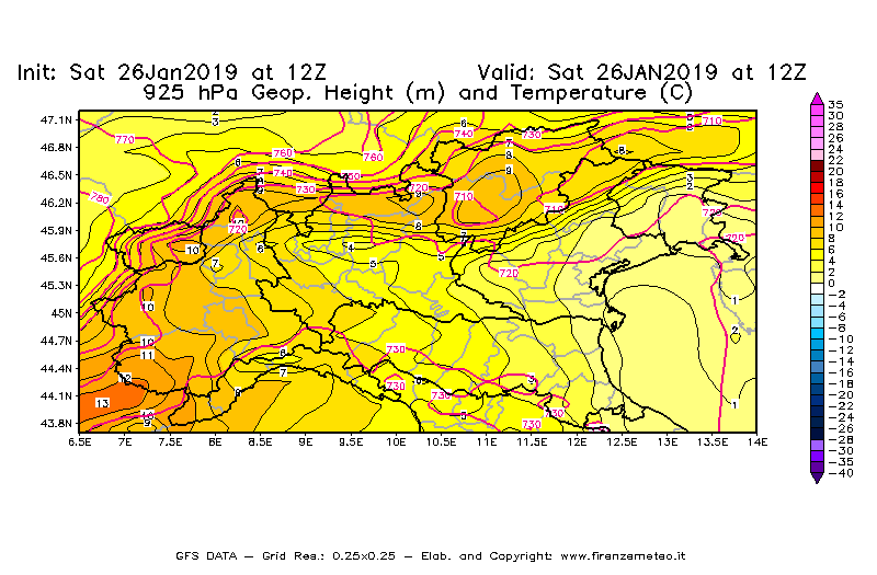 Mappa di analisi GFS - Geopotenziale [m] e Temperatura [°C] a 925 hPa in Nord-Italia
									del 26/01/2019 12 <!--googleoff: index-->UTC<!--googleon: index-->
