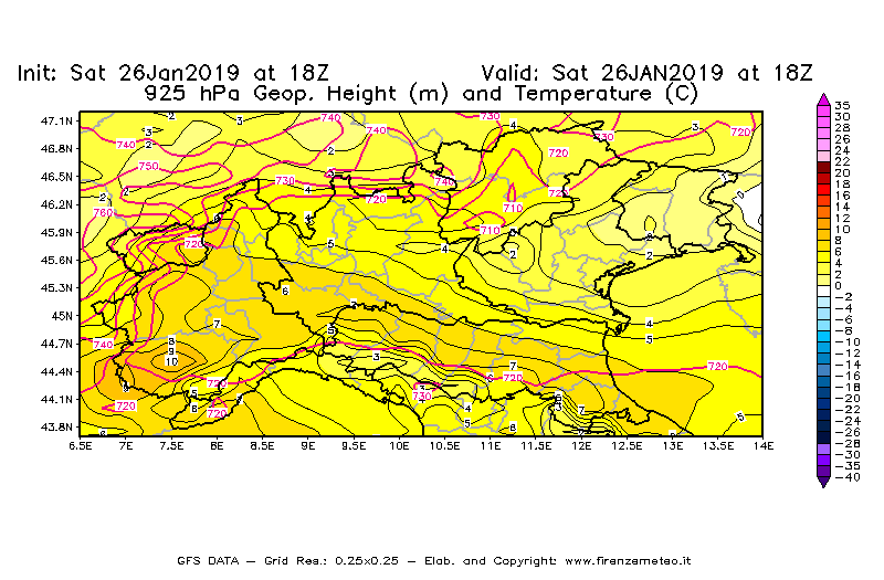 Mappa di analisi GFS - Geopotenziale [m] e Temperatura [°C] a 925 hPa in Nord-Italia
							del 26/01/2019 18 <!--googleoff: index-->UTC<!--googleon: index-->