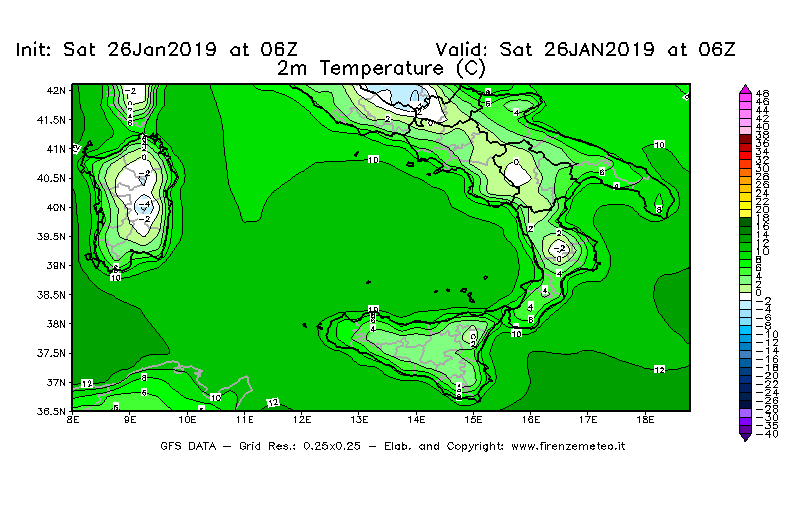 Mappa di analisi GFS - Temperatura a 2 metri dal suolo [°C] in Sud-Italia
									del 26/01/2019 06 <!--googleoff: index-->UTC<!--googleon: index-->