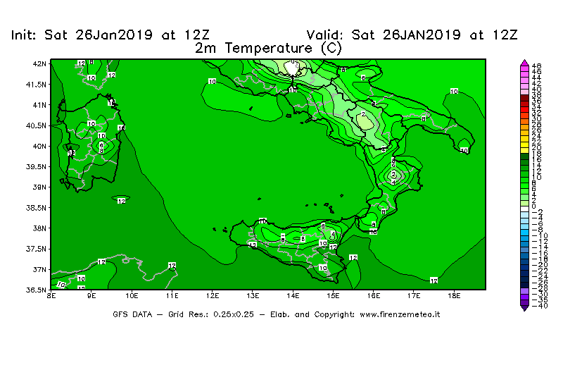 Mappa di analisi GFS - Temperatura a 2 metri dal suolo [°C] in Sud-Italia
							del 26/01/2019 12 <!--googleoff: index-->UTC<!--googleon: index-->