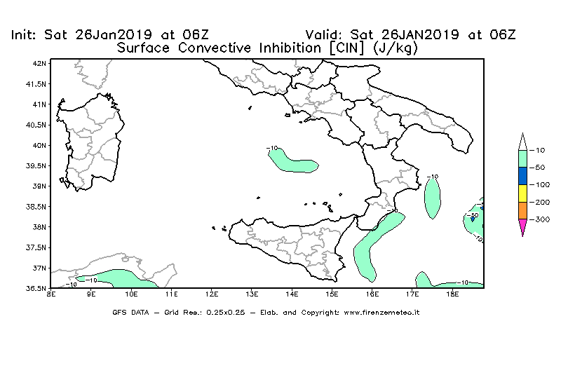 Mappa di analisi GFS - CIN [J/kg] in Sud-Italia
							del 26/01/2019 06 <!--googleoff: index-->UTC<!--googleon: index-->