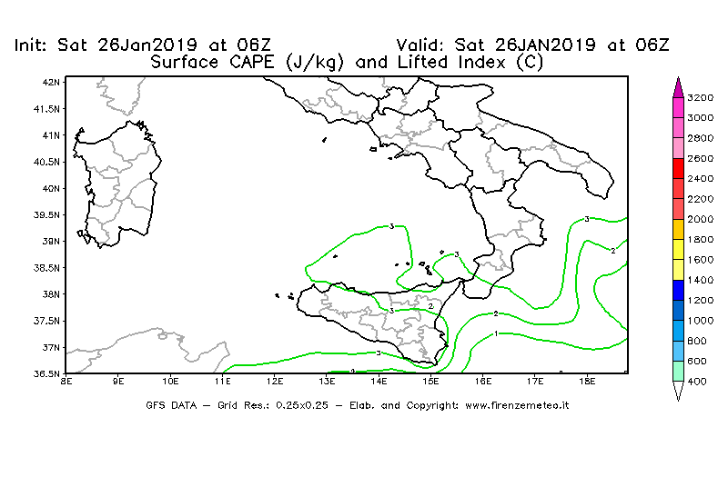 Mappa di analisi GFS - CAPE [J/kg] e Lifted Index [°C] in Sud-Italia
									del 26/01/2019 06 <!--googleoff: index-->UTC<!--googleon: index-->
