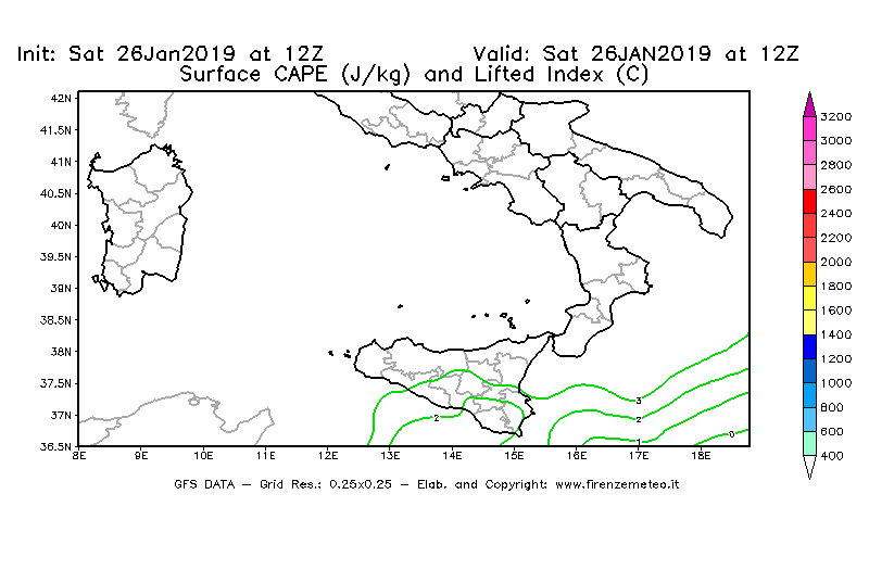 Mappa di analisi GFS - CAPE [J/kg] e Lifted Index [°C] in Sud-Italia
									del 26/01/2019 12 <!--googleoff: index-->UTC<!--googleon: index-->