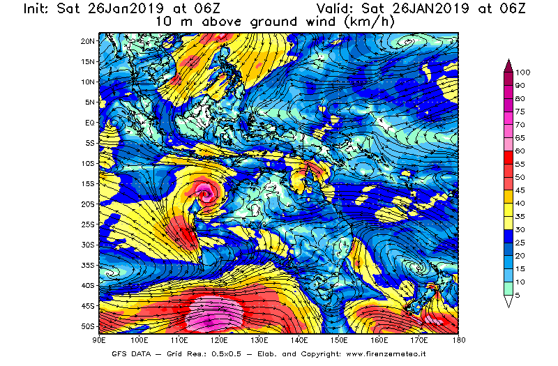 Mappa di analisi GFS - Velocità del vento a 10 metri dal suolo [km/h] in Oceania
							del 26/01/2019 06 <!--googleoff: index-->UTC<!--googleon: index-->