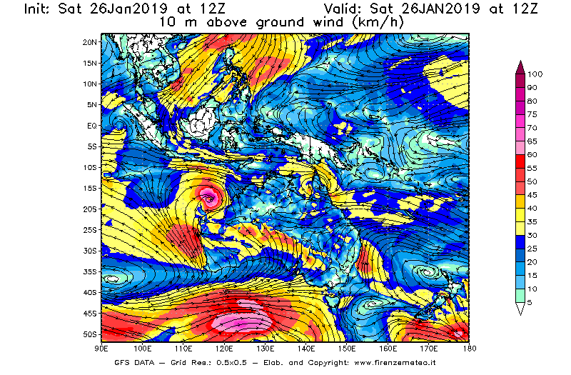 Mappa di analisi GFS - Velocità del vento a 10 metri dal suolo [km/h] in Oceania
							del 26/01/2019 12 <!--googleoff: index-->UTC<!--googleon: index-->