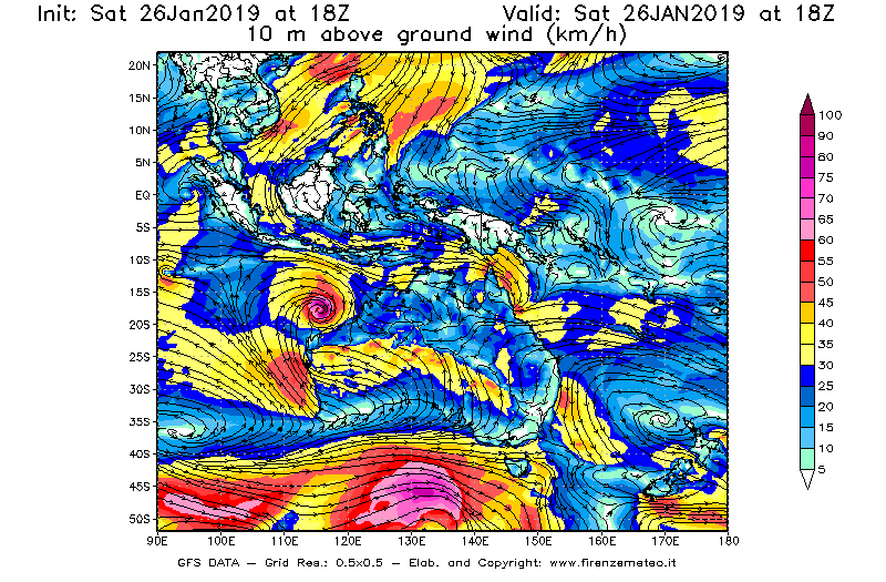 Mappa di analisi GFS - Velocità del vento a 10 metri dal suolo [km/h] in Oceania
							del 26/01/2019 18 <!--googleoff: index-->UTC<!--googleon: index-->