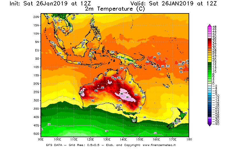 Mappa di analisi GFS - Temperatura a 2 metri dal suolo [°C] in Oceania
							del 26/01/2019 12 <!--googleoff: index-->UTC<!--googleon: index-->
