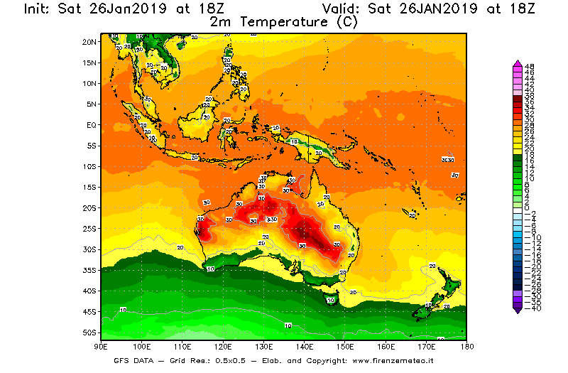Mappa di analisi GFS - Temperatura a 2 metri dal suolo [°C] in Oceania
									del 26/01/2019 18 <!--googleoff: index-->UTC<!--googleon: index-->