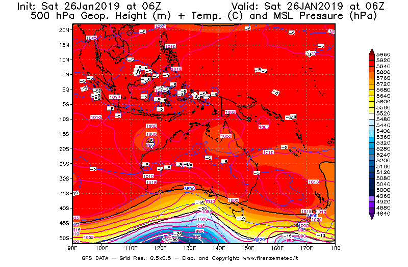 Mappa di analisi GFS - Geopotenziale [m] + Temp. [°C] a 500 hPa + Press. a livello del mare [hPa] in Oceania
							del 26/01/2019 06 <!--googleoff: index-->UTC<!--googleon: index-->