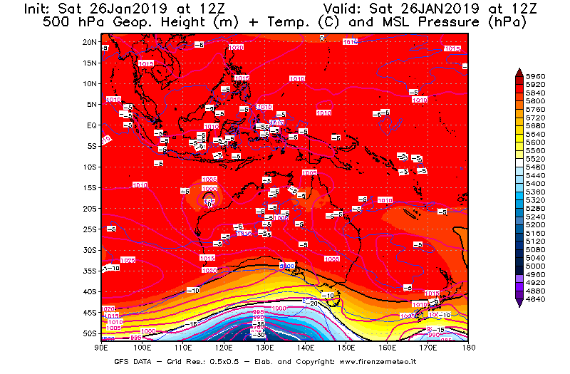 Mappa di analisi GFS - Geopotenziale [m] + Temp. [°C] a 500 hPa + Press. a livello del mare [hPa] in Oceania
									del 26/01/2019 12 <!--googleoff: index-->UTC<!--googleon: index-->