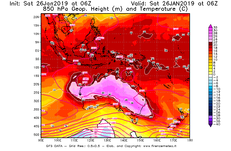 Mappa di analisi GFS - Geopotenziale [m] e Temperatura [°C] a 850 hPa in Oceania
									del 26/01/2019 06 <!--googleoff: index-->UTC<!--googleon: index-->