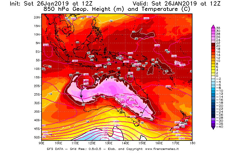 Mappa di analisi GFS - Geopotenziale [m] e Temperatura [°C] a 850 hPa in Oceania
									del 26/01/2019 12 <!--googleoff: index-->UTC<!--googleon: index-->