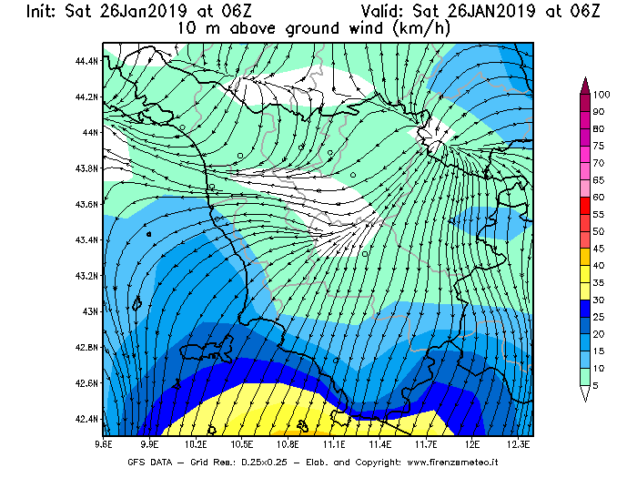 Mappa di analisi GFS - Velocità del vento a 10 metri dal suolo [km/h] in Toscana
									del 26/01/2019 06 <!--googleoff: index-->UTC<!--googleon: index-->
