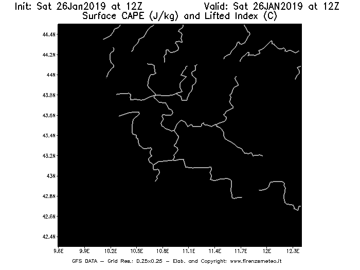 Mappa di analisi GFS - CAPE [J/kg] e Lifted Index [°C] in Toscana
							del 26/01/2019 12 <!--googleoff: index-->UTC<!--googleon: index-->