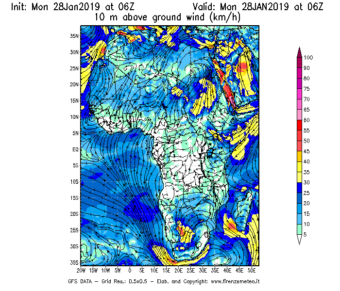 Mappa di analisi GFS - Velocità del vento a 10 metri dal suolo [km/h] in Africa
							del 28/01/2019 06 <!--googleoff: index-->UTC<!--googleon: index-->
