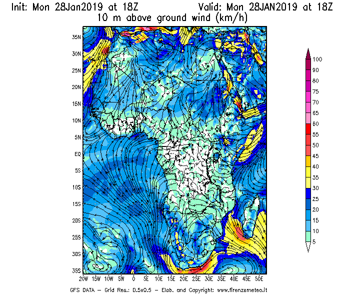 Mappa di analisi GFS - Velocità del vento a 10 metri dal suolo [km/h] in Africa
							del 28/01/2019 18 <!--googleoff: index-->UTC<!--googleon: index-->