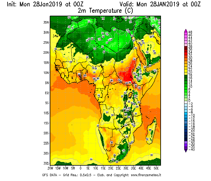 Mappa di analisi GFS - Temperatura a 2 metri dal suolo [°C] in Africa
							del 28/01/2019 00 <!--googleoff: index-->UTC<!--googleon: index-->