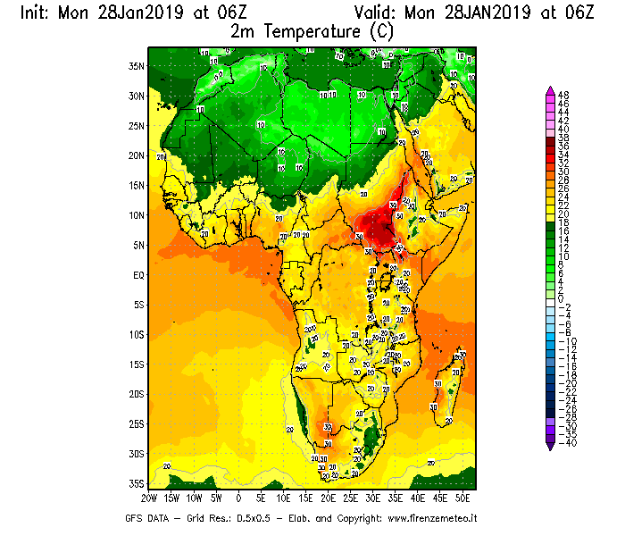 Mappa di analisi GFS - Temperatura a 2 metri dal suolo [°C] in Africa
							del 28/01/2019 06 <!--googleoff: index-->UTC<!--googleon: index-->