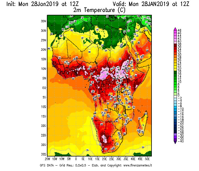Mappa di analisi GFS - Temperatura a 2 metri dal suolo [°C] in Africa
							del 28/01/2019 12 <!--googleoff: index-->UTC<!--googleon: index-->