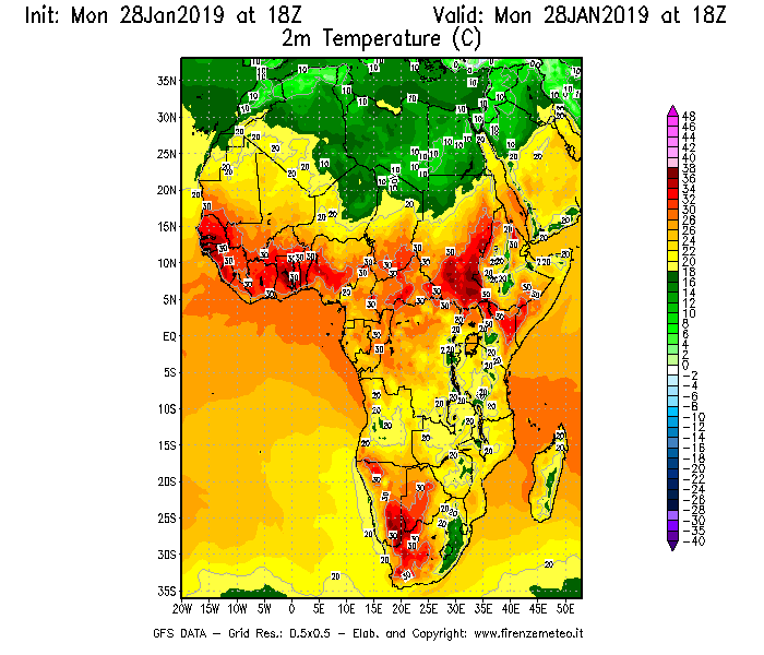 Mappa di analisi GFS - Temperatura a 2 metri dal suolo [°C] in Africa
							del 28/01/2019 18 <!--googleoff: index-->UTC<!--googleon: index-->