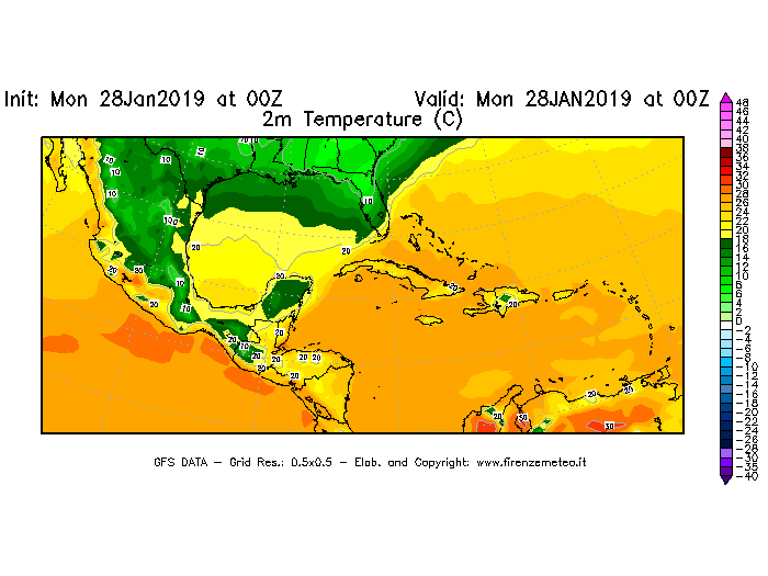 Mappa di analisi GFS - Temperatura a 2 metri dal suolo [°C] in Centro-America
							del 28/01/2019 00 <!--googleoff: index-->UTC<!--googleon: index-->
