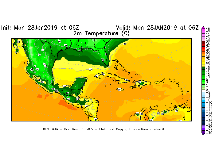 Mappa di analisi GFS - Temperatura a 2 metri dal suolo [°C] in Centro-America
							del 28/01/2019 06 <!--googleoff: index-->UTC<!--googleon: index-->