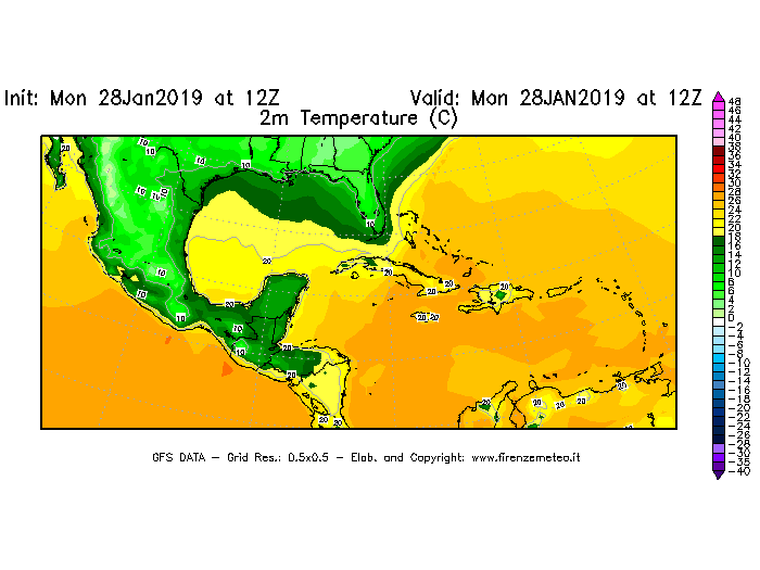 Mappa di analisi GFS - Temperatura a 2 metri dal suolo [°C] in Centro-America
							del 28/01/2019 12 <!--googleoff: index-->UTC<!--googleon: index-->