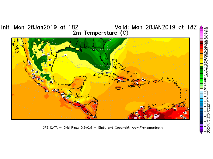 Mappa di analisi GFS - Temperatura a 2 metri dal suolo [°C] in Centro-America
							del 28/01/2019 18 <!--googleoff: index-->UTC<!--googleon: index-->