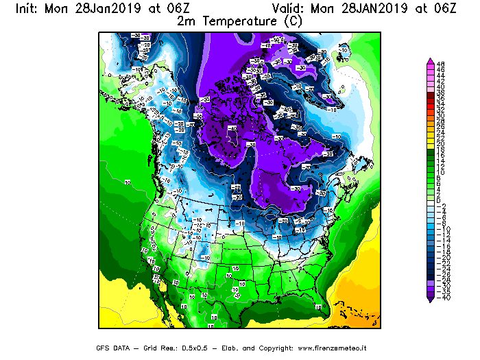Mappa di analisi GFS - Temperatura a 2 metri dal suolo [°C] in Nord-America
							del 28/01/2019 06 <!--googleoff: index-->UTC<!--googleon: index-->