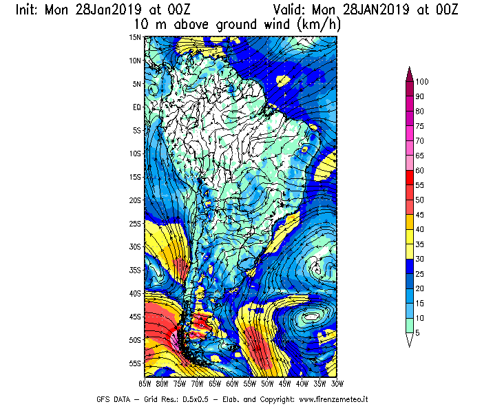 Mappa di analisi GFS - Velocità del vento a 10 metri dal suolo [km/h] in Sud-America
							del 28/01/2019 00 <!--googleoff: index-->UTC<!--googleon: index-->