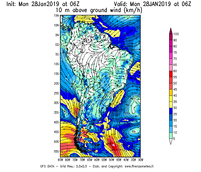 Mappa di analisi GFS - Velocità del vento a 10 metri dal suolo [km/h] in Sud-America
							del 28/01/2019 06 <!--googleoff: index-->UTC<!--googleon: index-->