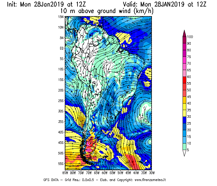 Mappa di analisi GFS - Velocità del vento a 10 metri dal suolo [km/h] in Sud-America
							del 28/01/2019 12 <!--googleoff: index-->UTC<!--googleon: index-->