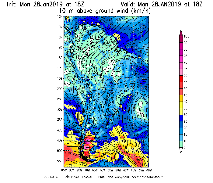 Mappa di analisi GFS - Velocità del vento a 10 metri dal suolo [km/h] in Sud-America
							del 28/01/2019 18 <!--googleoff: index-->UTC<!--googleon: index-->