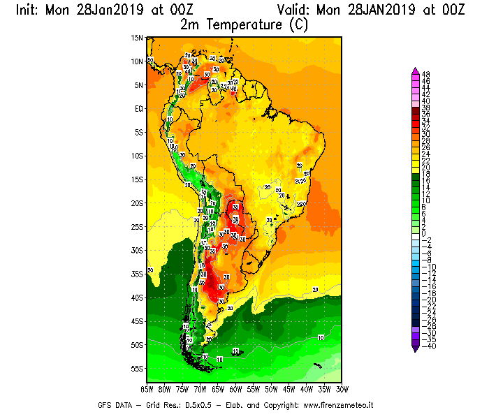 Mappa di analisi GFS - Temperatura a 2 metri dal suolo [°C] in Sud-America
							del 28/01/2019 00 <!--googleoff: index-->UTC<!--googleon: index-->