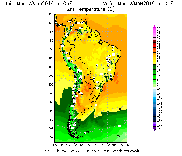 Mappa di analisi GFS - Temperatura a 2 metri dal suolo [°C] in Sud-America
							del 28/01/2019 06 <!--googleoff: index-->UTC<!--googleon: index-->