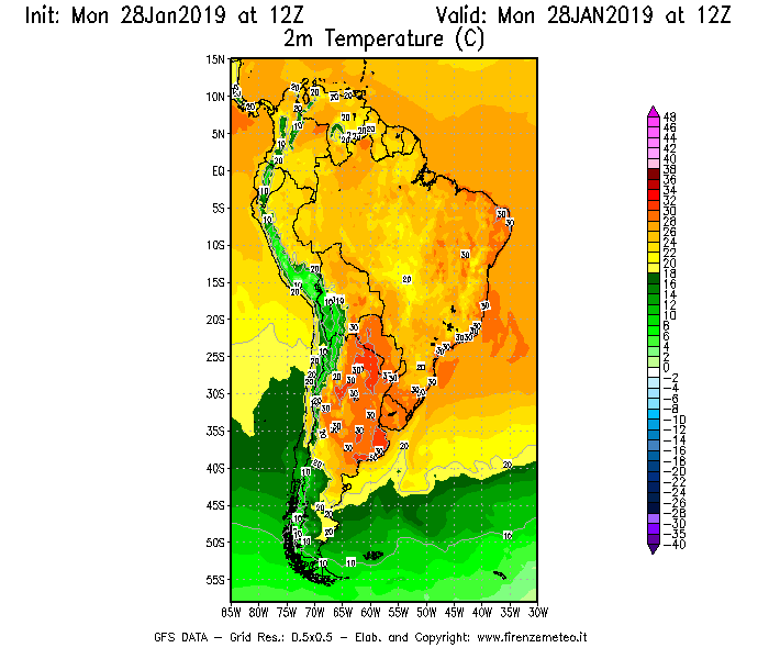 Mappa di analisi GFS - Temperatura a 2 metri dal suolo [°C] in Sud-America
							del 28/01/2019 12 <!--googleoff: index-->UTC<!--googleon: index-->