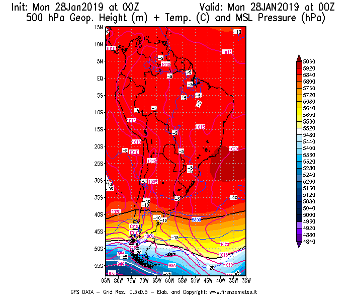 Mappa di analisi GFS - Geopotenziale [m] + Temp. [°C] a 500 hPa + Press. a livello del mare [hPa] in Sud-America
							del 28/01/2019 00 <!--googleoff: index-->UTC<!--googleon: index-->