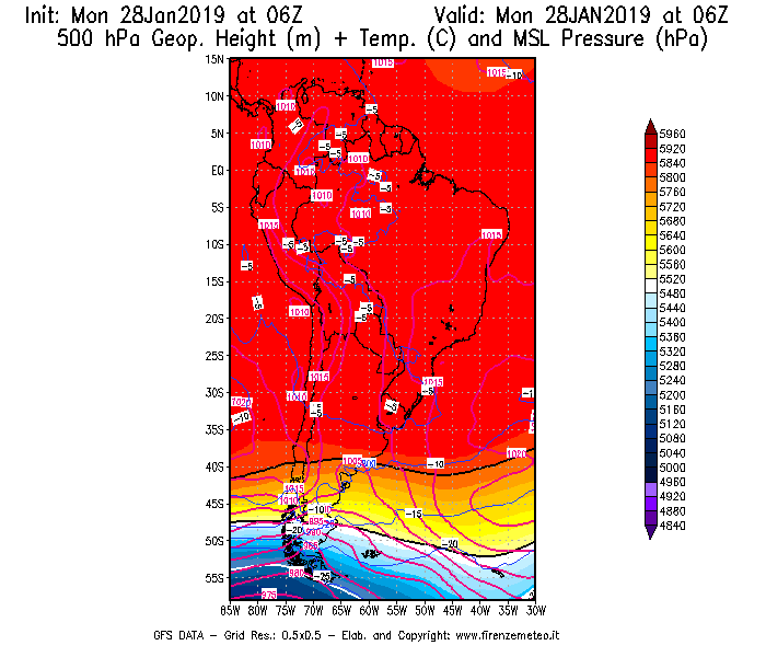 Mappa di analisi GFS - Geopotenziale [m] + Temp. [°C] a 500 hPa + Press. a livello del mare [hPa] in Sud-America
							del 28/01/2019 06 <!--googleoff: index-->UTC<!--googleon: index-->