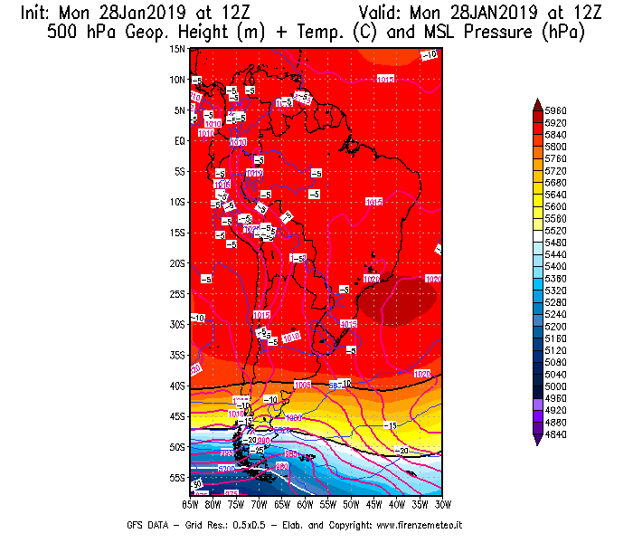 Mappa di analisi GFS - Geopotenziale [m] + Temp. [°C] a 500 hPa + Press. a livello del mare [hPa] in Sud-America
							del 28/01/2019 12 <!--googleoff: index-->UTC<!--googleon: index-->