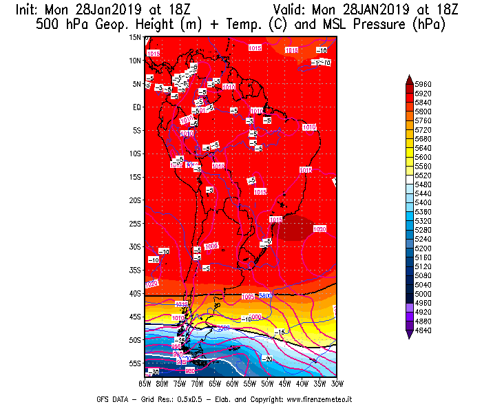 Mappa di analisi GFS - Geopotenziale [m] + Temp. [°C] a 500 hPa + Press. a livello del mare [hPa] in Sud-America
							del 28/01/2019 18 <!--googleoff: index-->UTC<!--googleon: index-->