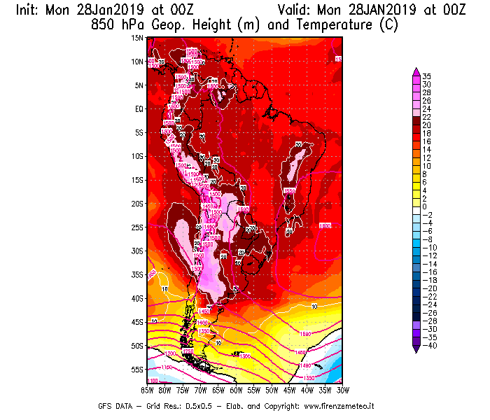 Mappa di analisi GFS - Geopotenziale [m] e Temperatura [°C] a 850 hPa in Sud-America
							del 28/01/2019 00 <!--googleoff: index-->UTC<!--googleon: index-->