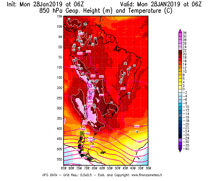 Mappa di analisi GFS - Geopotenziale [m] e Temperatura [°C] a 850 hPa in Sud-America
							del 28/01/2019 06 <!--googleoff: index-->UTC<!--googleon: index-->