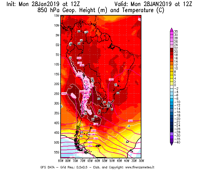 Mappa di analisi GFS - Geopotenziale [m] e Temperatura [°C] a 850 hPa in Sud-America
							del 28/01/2019 12 <!--googleoff: index-->UTC<!--googleon: index-->