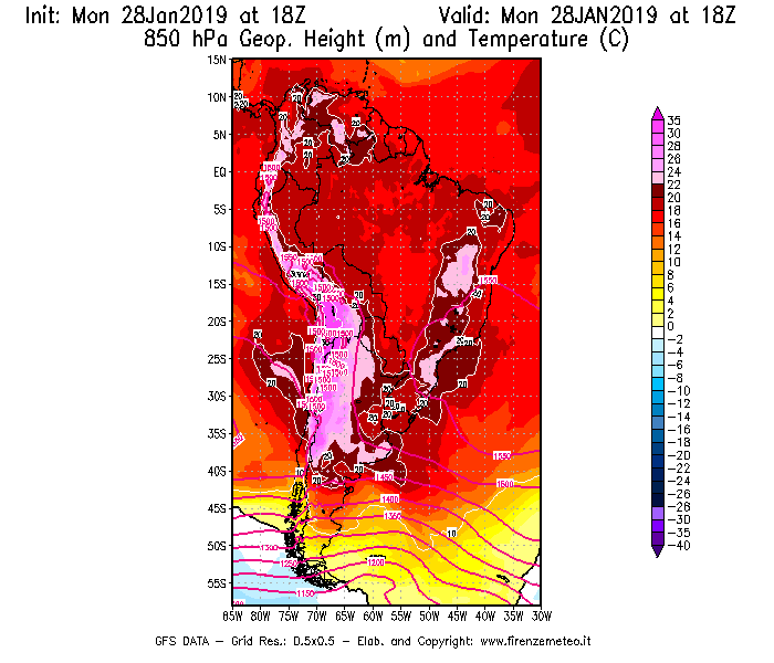 Mappa di analisi GFS - Geopotenziale [m] e Temperatura [°C] a 850 hPa in Sud-America
							del 28/01/2019 18 <!--googleoff: index-->UTC<!--googleon: index-->