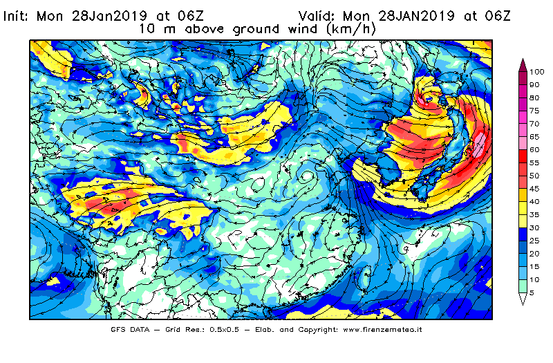 Mappa di analisi GFS - Velocità del vento a 10 metri dal suolo [km/h] in Asia Orientale
							del 28/01/2019 06 <!--googleoff: index-->UTC<!--googleon: index-->