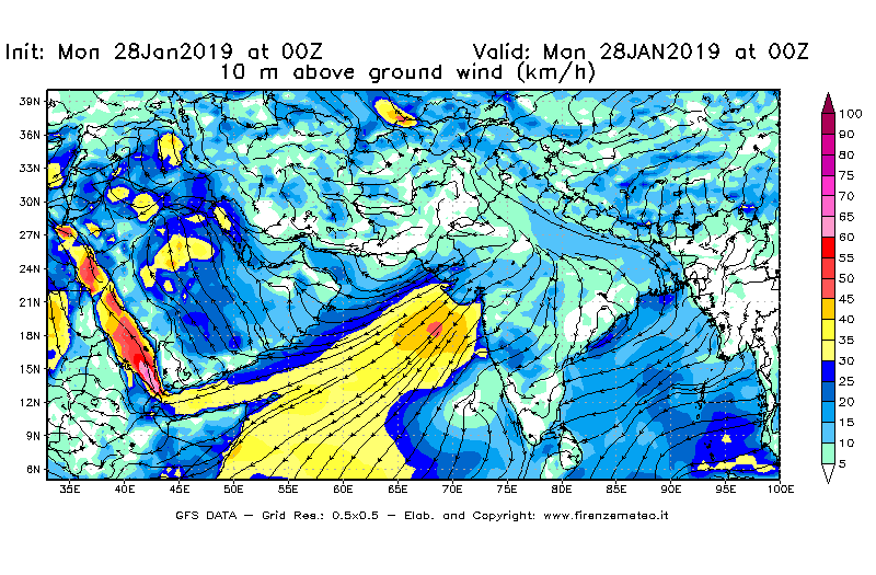 Mappa di analisi GFS - Velocità del vento a 10 metri dal suolo [km/h] in Asia Sud-Occidentale
							del 28/01/2019 00 <!--googleoff: index-->UTC<!--googleon: index-->