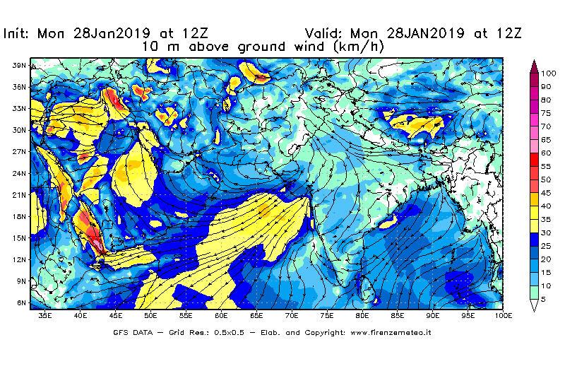 Mappa di analisi GFS - Velocità del vento a 10 metri dal suolo [km/h] in Asia Sud-Occidentale
							del 28/01/2019 12 <!--googleoff: index-->UTC<!--googleon: index-->