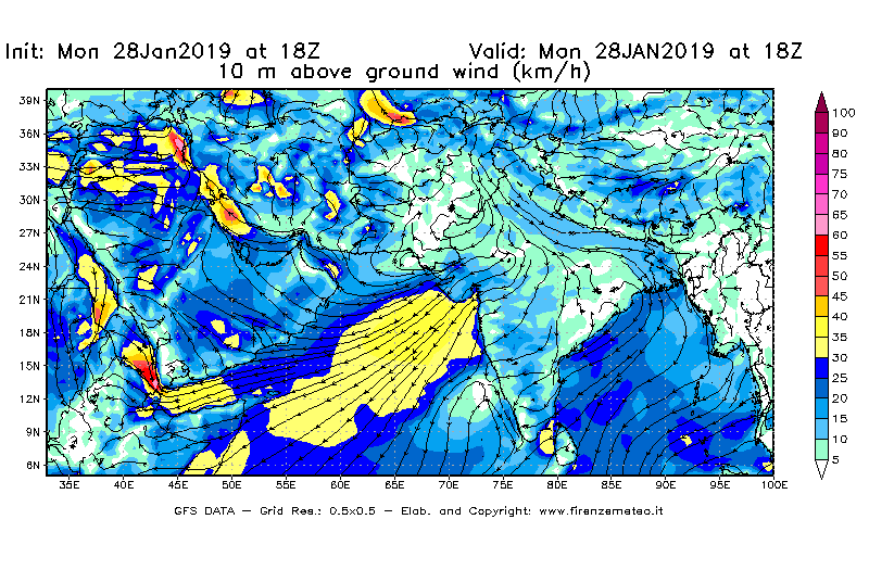 Mappa di analisi GFS - Velocità del vento a 10 metri dal suolo [km/h] in Asia Sud-Occidentale
							del 28/01/2019 18 <!--googleoff: index-->UTC<!--googleon: index-->